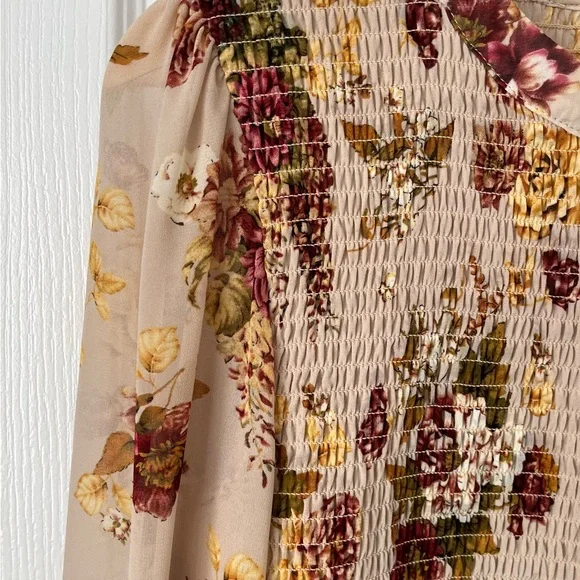 CLEO-Floral Smocked Blouse | Long Sleeve Sheer Boho Top | Size Small - Picture 4 of 14